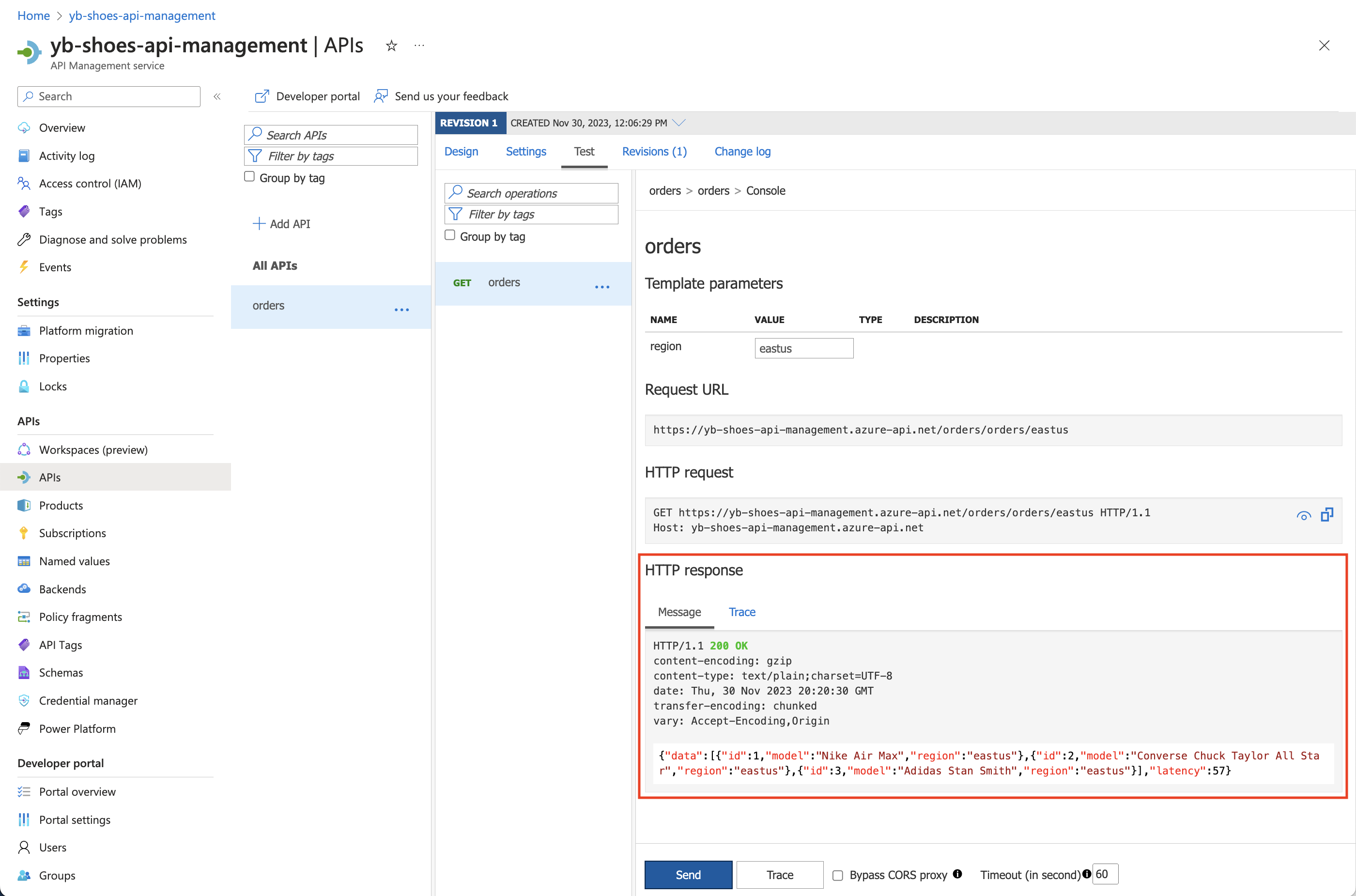 Testing API in eastus region