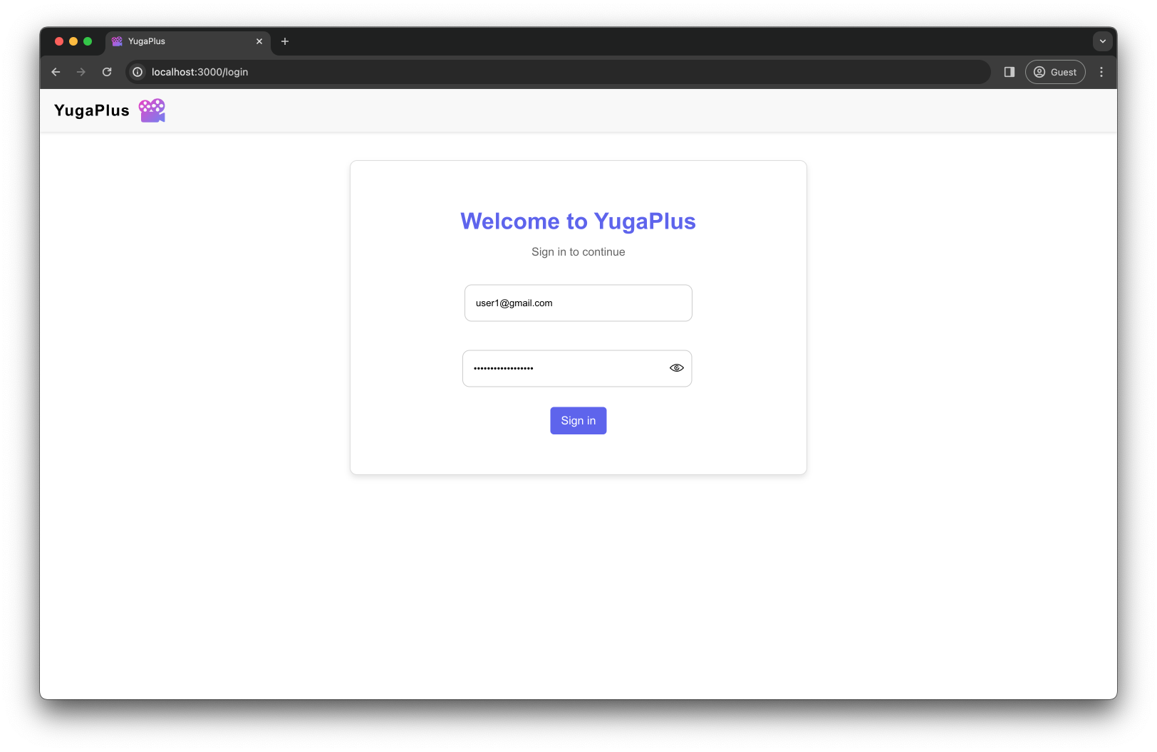 YugaPlus Log-in Screen